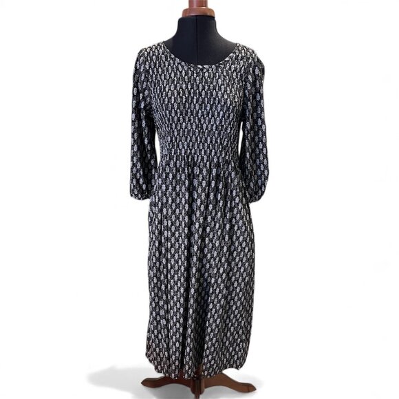 Croft & Barrow Womens Black & White Smocked Midi Dress With 3/4 Sleeves & Pocket - Picture 3 of 15